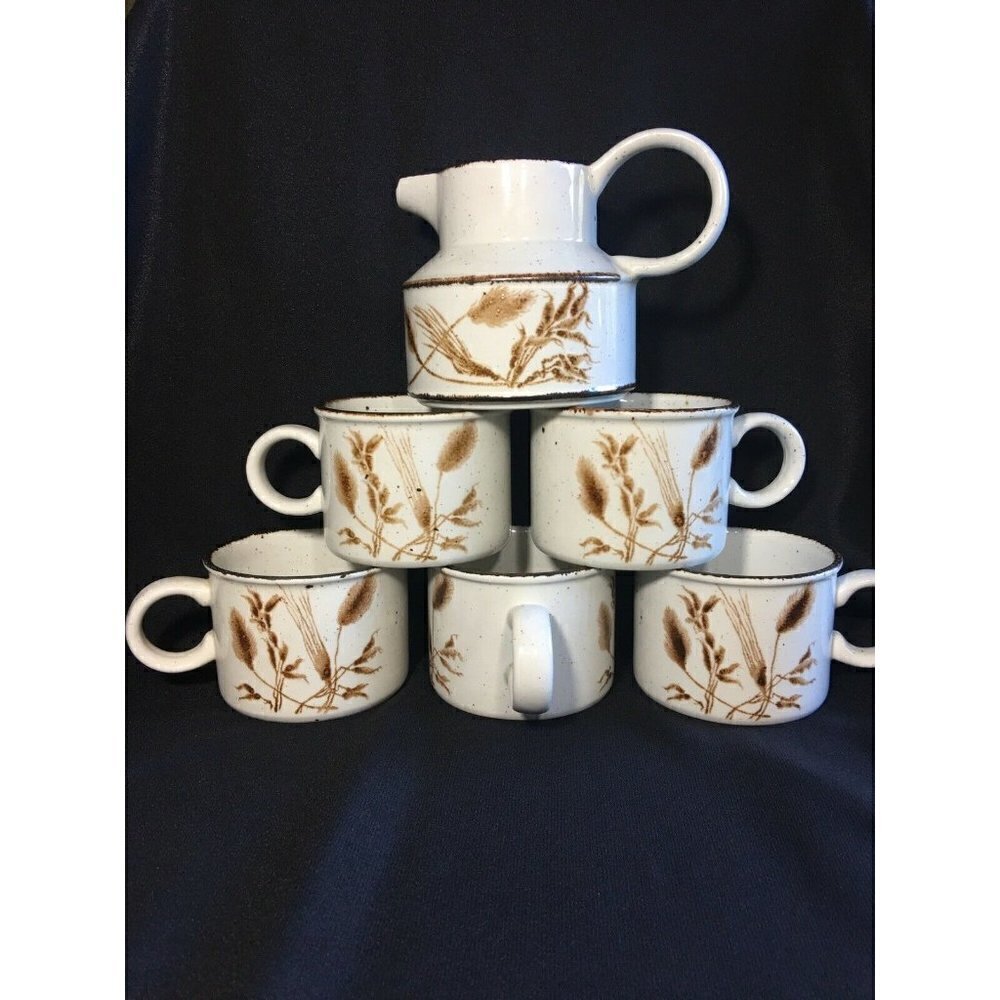 5 Midwinter Stonehenge Wild Oats Mugs & Creamer Ceramic Pottery Cups England Vtg